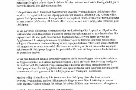 Inlämning av motion om att utveckla Linköping som Sveriges flyghuvudstad